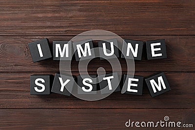 Black cubes with phrase Immune System on wooden table, flat lay Stock Photo