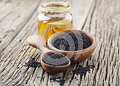 Black cumin oil Stock Photo