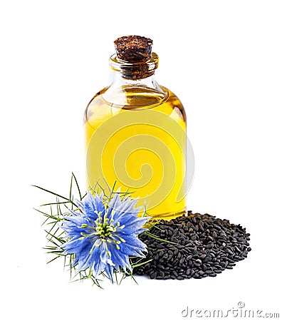 Black cumin seed and oil Stock Photo