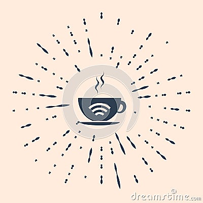 Black Cup of coffee shop with free wifi zone icon isolated on beige background. Internet connection placard. Abstract Vector Illustration