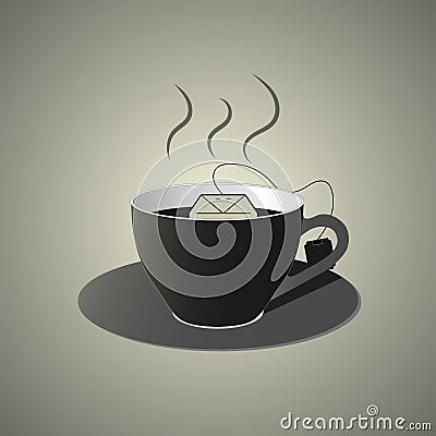 Black cup of hot tea wit teabag, flat style Vector Illustration