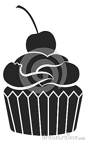 Black cupcake silhouette. Sweet cherry pastry sign Vector Illustration