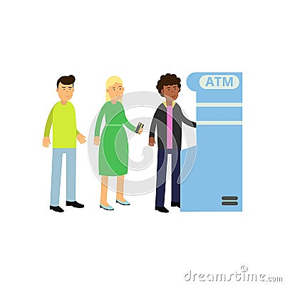 Black curly-haired guy withdrawing money from ATM. Young woman and man standing in queue near cash machine. Bank theme Vector Illustration