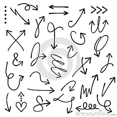 Black curvy and odd shape hand drawn direction arrows and pointers set on white Vector Illustration