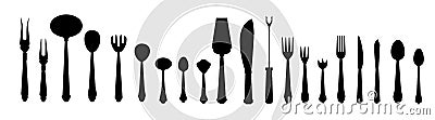 Black cutlery. Silhouettes of kitchenware. Utensils icons for restaurant and bistro brochures. Dishware mockup. Spoons Vector Illustration