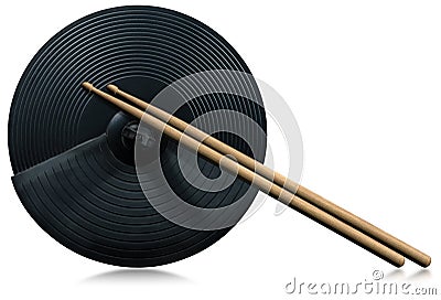 Black Cymbal of an Electronic Drum Kit and a Pair of Wooden Drumsticks Stock Photo