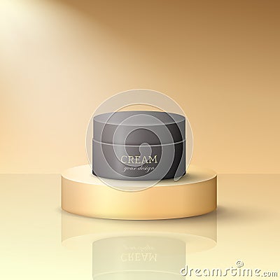 Black 3d cream jar on the golden stage Vector Illustration