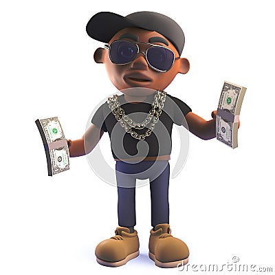 Black 3d hip hop rap singer character holding wads of US Dollar bills Stock Photo