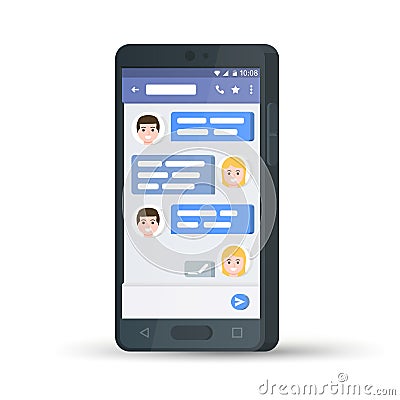Black 3d mobile phone. Social network concept. Flat stylish smartphone. Messenger window. Chating and messaging concept. Blue chat Cartoon Illustration