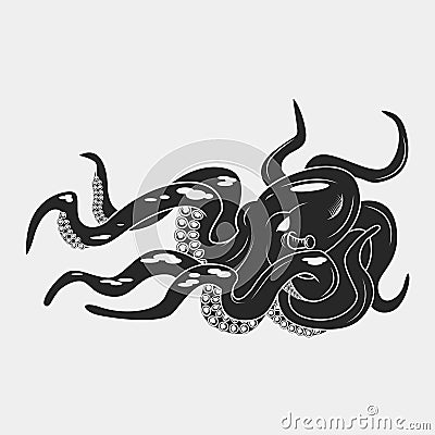 Black danger cartoon octopus characters. Swimming underwater, on white. Tattoo or pattern to t-shirt, poster Vector Illustration