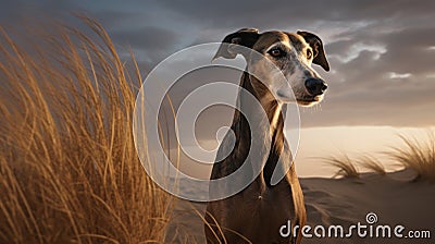 Galgo: A Majestic Greyhound In The Nature Of Dunes Stock Photo