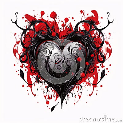 Black dark heart on a background of red blood paint, white background. Heart as a symbol of affection and Stock Photo