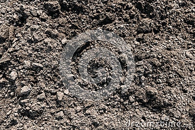 Black Dark Soil Dirt Background Texture, Natural Pattern. Flat Top View. Clods of Earth Stock Photo