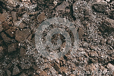 Black Dark Soil Dirt Background Texture, Natural Pattern. Flat Top View. Clods of Earth Stock Photo