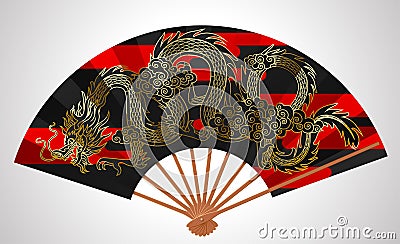 Black decorative Chinese open fan with gold linear flying dragon Vector Illustration