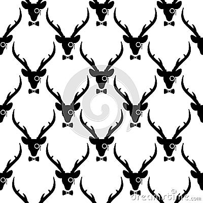 Black deer heads with antlers, gentleman bow tie and lorgnette seamless pattern Vector Illustration