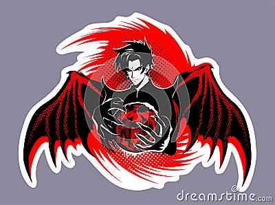 A black demon with flaming wings holds a red sphere with a city in its hands Vector Illustration