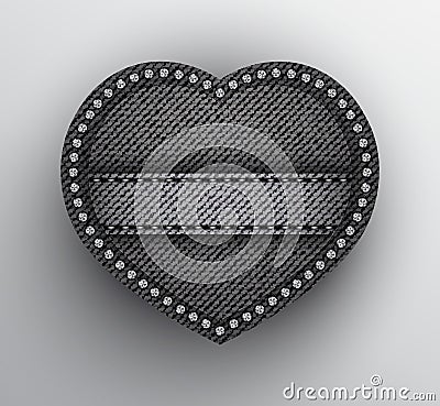 Black denim heart with stitched stripe and silver sequins on boundary Vector Illustration