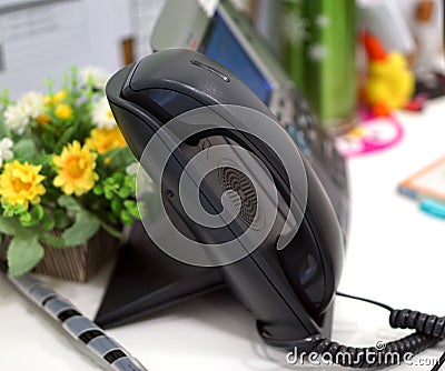 Black desktop phone in the office Stock Photo