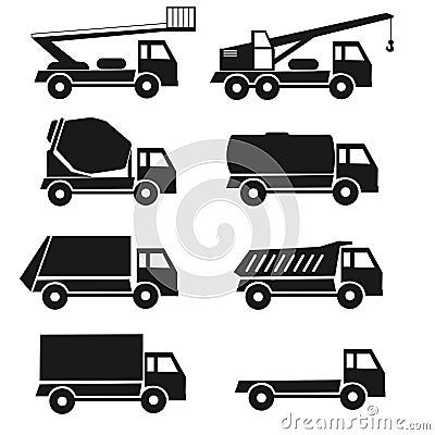 black detail icons types lorrry set. 8 trucks. Isolated industry vehicle Stock Photo