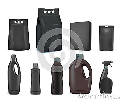 Black detergent pack mockup set, vector isolated illustration Vector Illustration