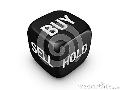 Black dice with buy, sell, hold sign Stock Photo