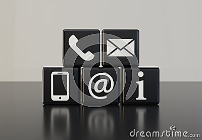 Black dice with contact symbols and white background Stock Photo