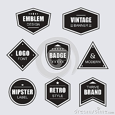 Black different shapes retro and vintage labels and badges icons banners set on gray Vector Illustration