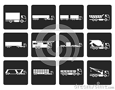 Black different types of trucks and lorries icons Vector Illustration