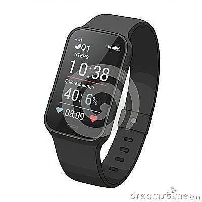 Black digital smartwatch with a rectangular display showing step count, time Stock Photo