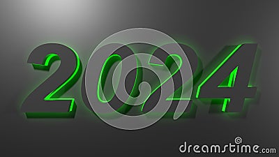 2024 in black digits with green back light, on a black surface - 3D rendering illustration Cartoon Illustration