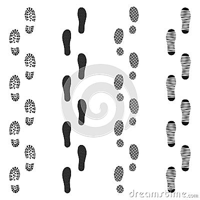Black dirty isolated footprint track steps. Sport footprint shoes set. Vector set footprint icon in flat style Vector Illustration