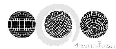 Black disco ball set. Collection of wireframe spheres in different angles. Grid globe or checkered ball bundle Vector Illustration