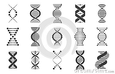 Black dna icons. Biotechnology and molecular biology abstract symbols, spiral genetic molecule sequence code for Vector Illustration