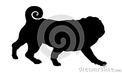 Black dog silhouette. Running chinese pug puppy. Dutch bulldog or mini mastiff. Pet animals. Isolated on a white background Vector Illustration