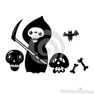 Black doodle Halloween vector design with a cute grim ripper. Illustration for kids, celebration, web, print, etc. Vector Illustration