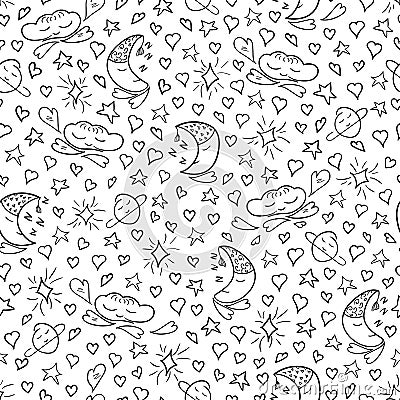 Black doodle moons, clouds and hearts pattern Vector Illustration