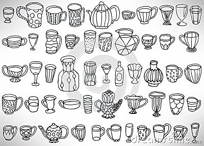 Black doodle set of hand drawn dishes, cups, teapots, glasses, vases isolated Vector Illustration