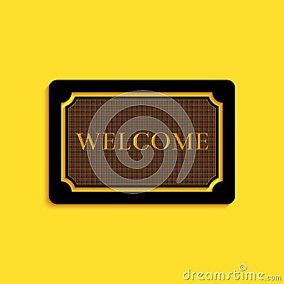 Black Doormat with the text Welcome icon isolated on yellow background. Welcome mat sign. Long shadow style. Vector Vector Illustration