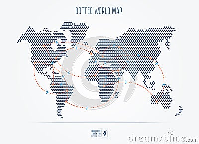 Black dotted abstract travel world map with flight routes. Vector Illustration