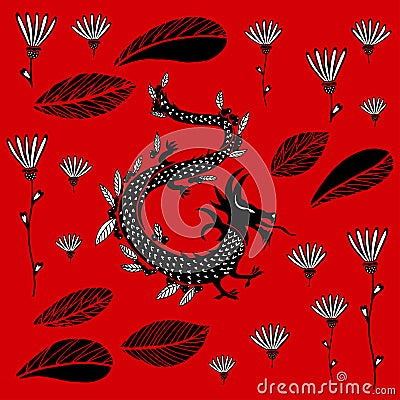 Black Dragon on a red background Vector Illustration