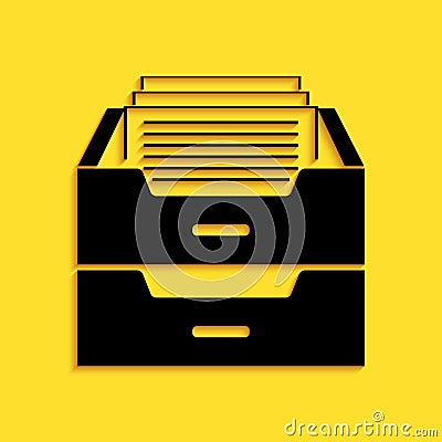 Black Drawer with documents icon isolated on yellow background. Archive papers drawer. File Cabinet Drawer. Office furniture. Long Stock Photo