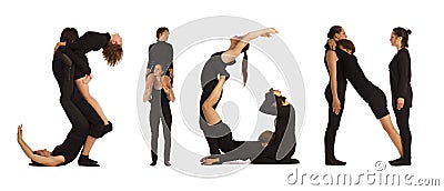 Black dressed people forming SIGN word Stock Photo
