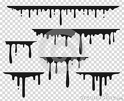 Black dripping stain. Liquid paint splash, chocolate flow border, caramel splatter leak, melt paint drop. Vector black Vector Illustration