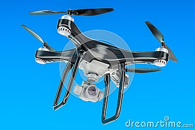 Black Drone in the blue sky, 3D Stock Photo