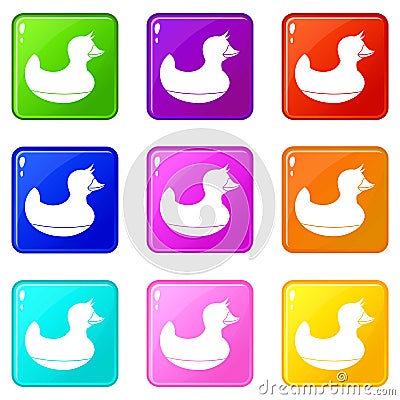 Black duck toy icons 9 set Vector Illustration