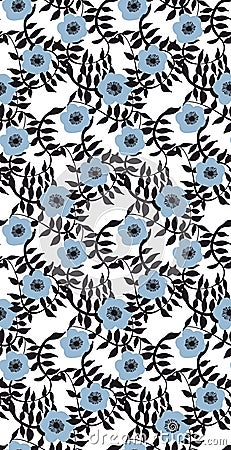 Black and dusty blue fancy seamless vector pattern with flowers and leaves Vector Illustration