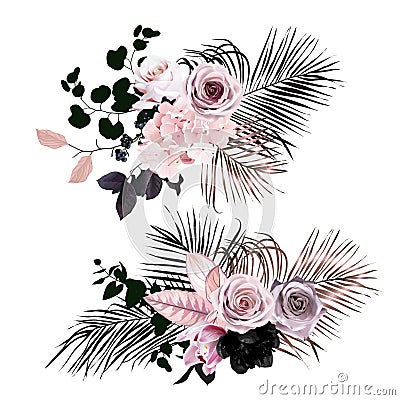 Black and dusty pink flowers glamour vector design bouquets Vector Illustration