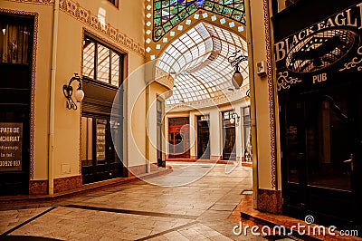 Black Eagle Palace inside,glass covered passage, Oradea, Romania. Famous, architectural,Vulturul Negru Editorial Stock Photo