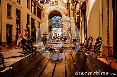 Black Eagle Palace inside,glass covered passage, Oradea, Romania. Famous, architectural,Vulturul Negru Editorial Stock Photo